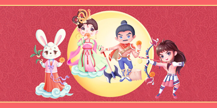 卡通Q版中秋神話人物平面展板