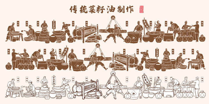古法菜籽油制作流程線描圖