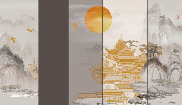 新中式樓閣山水背景墻