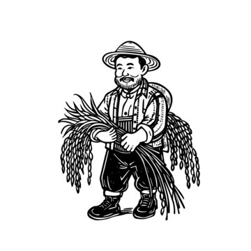 版畫農(nóng)民水稻包裝插畫