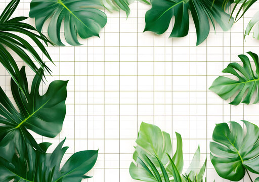 白色網(wǎng)格背景上的綠色熱帶植物葉子