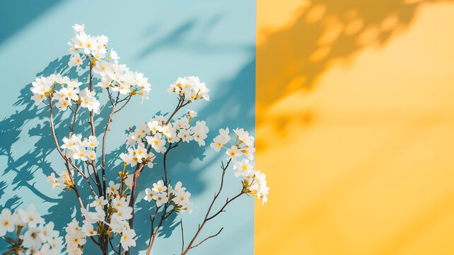 藍(lán)色黃色背景上的白色花朵