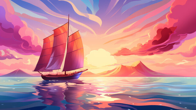 夕陽(yáng)下一艘帆船在平靜的海面上航行