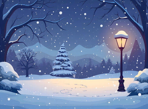 冬夜雪景，路燈下的寧靜