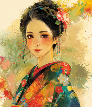 一個(gè)身穿花卉圖案和服的美麗日本女人的插圖