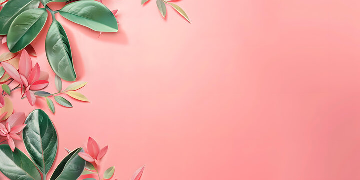 粉色背景綠葉粉色花朵