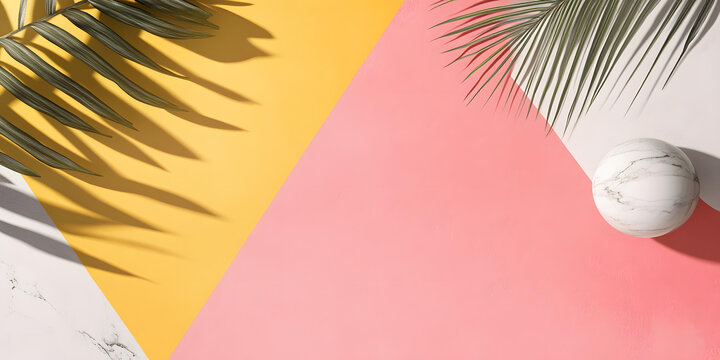 夏季熱帶背景, 棕櫚葉和大理石球