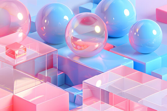 粉色藍(lán)色球體和立方體抽象3D背景