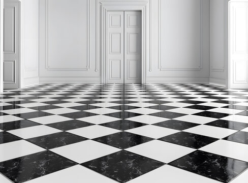 黑白棋盤格地板的房間白色門
