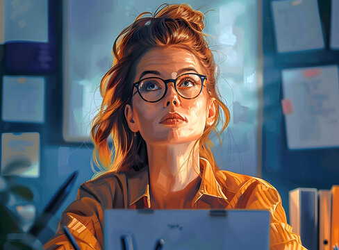 一個(gè)戴著眼鏡的年輕女人的肖像，她正在眺望遠(yuǎn)方