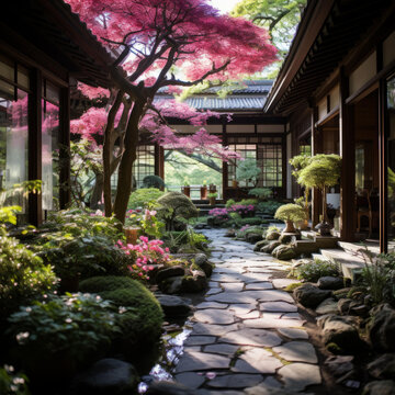 日式庭院櫻花盛開石板小路