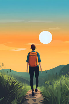 夕陽下，背包女徒步山間小路