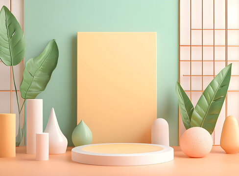 極簡(jiǎn)幾何形狀與綠色植物3D渲染