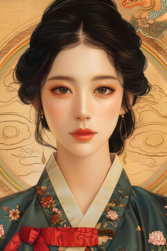 身穿韓國傳統(tǒng)服飾的年輕女子肖像