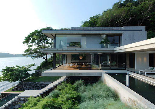 現(xiàn)代水泥建筑與泳池和海景
