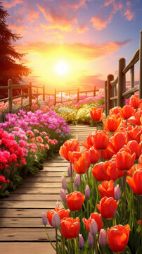 郁金香花田日落木棧道