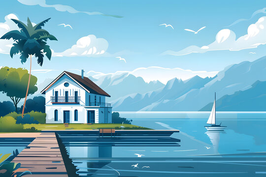 山景湖畔別墅與帆船