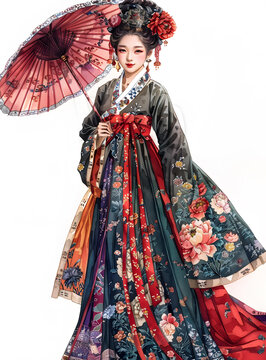 身穿漢服的女子手持紅色油紙傘亭亭玉立