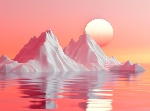 粉色的日落和山脈的3D插圖