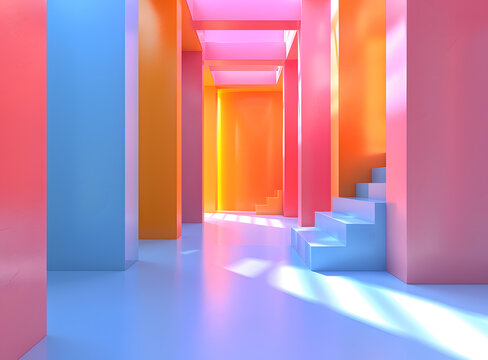 藍(lán)色和橙色柔和色彩 3d 渲染樓梯背景