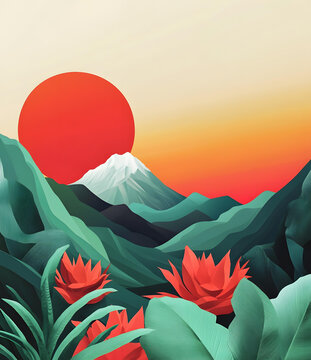 抽象山脈景觀與紅日花朵