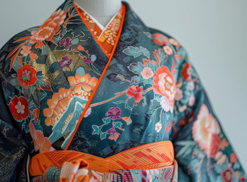 一件帶花卉圖案的和服的特寫