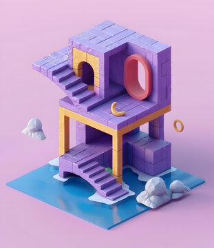 紫色建筑樓梯和粉色門的抽象3D