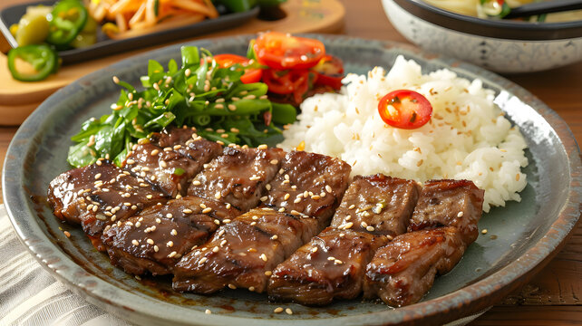 韓式烤牛肉配米飯和小菜