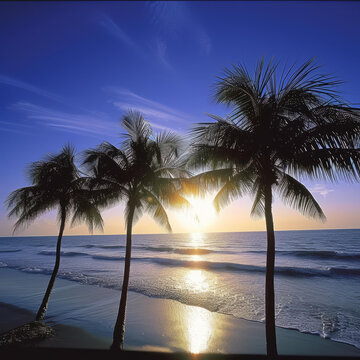 夕陽下的海灘上的三棵棕櫚樹
