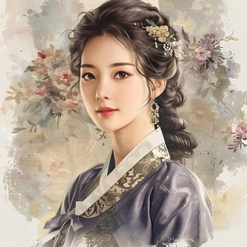身穿韓國傳統(tǒng)服飾的年輕韓國女性肖像