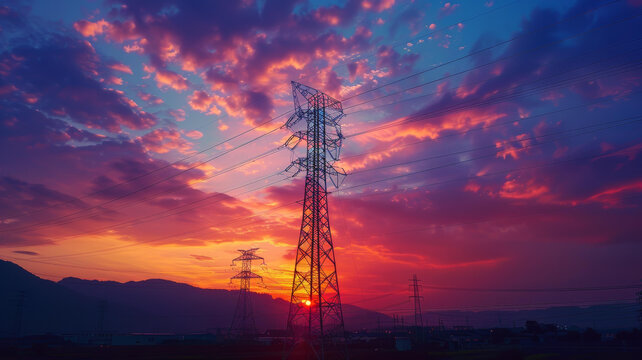 夕陽下壯觀的電線桿
