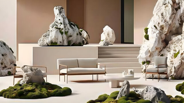 現代簡約戶外生活空間，石頭與苔蘚的融合