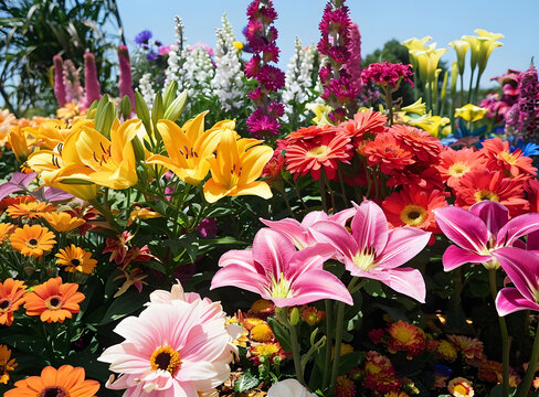 鮮艷的花園 百合花，非洲菊和其他花卉
