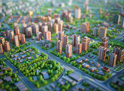 微縮城市模型，包括詳細(xì)的建筑道路和樹木