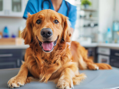 一只金毛獵犬在獸醫(yī)那里檢查身體