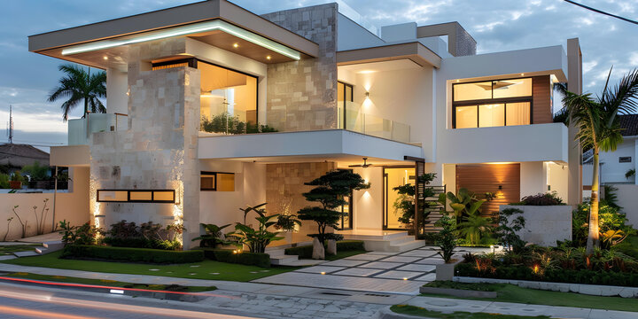 現(xiàn)代建筑風(fēng)格的石材外墻住宅，配有郁郁蔥蔥的景觀