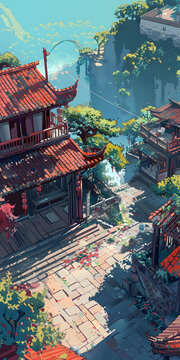 懸浮橋下的中國風(fēng)奇幻建筑