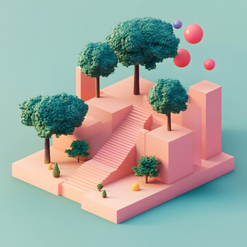 低多邊形3D粉色城市綠樹樓梯