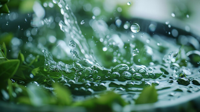水滴落在綠葉上