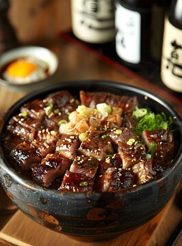 木桌上的牛肉蓋飯
