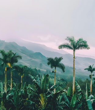 熱帶雨林中的綠山和棕櫚樹(shù)