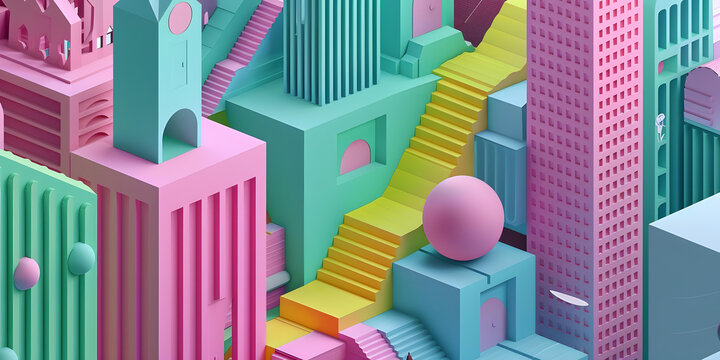 樓梯和幾何形狀組成的多彩城市 3D 插圖