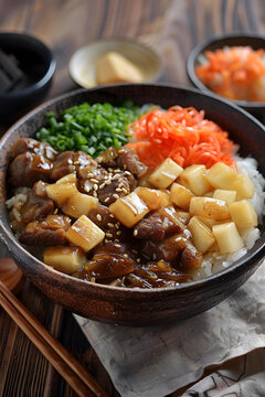 一碗美味的肉類蔬菜蓋飯