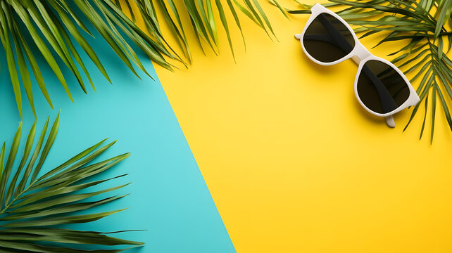 夏日背景圖，棕櫚葉和太陽鏡