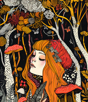 夢(mèng)幻森林，女人和蘑菇