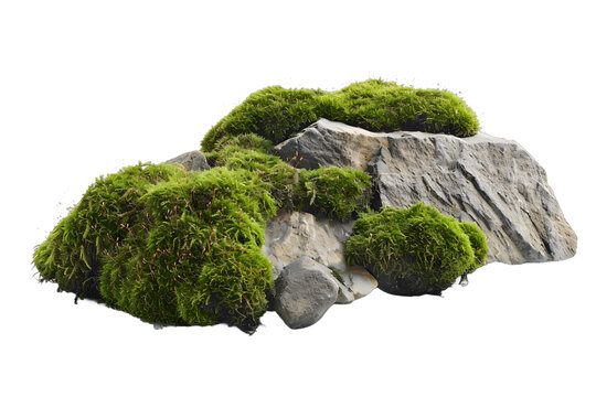 [免摳素材]白色背景上覆蓋著綠色苔蘚的灰色巖石