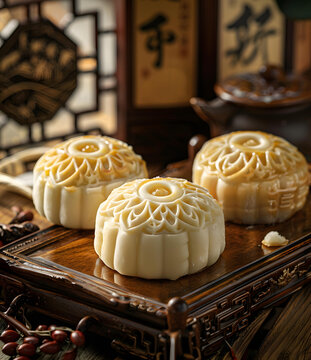 傳統(tǒng)月餅擺放在木質(zhì)托盤(pán)上