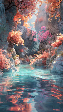 奇幻風(fēng)景粉色的樹和藍色的水