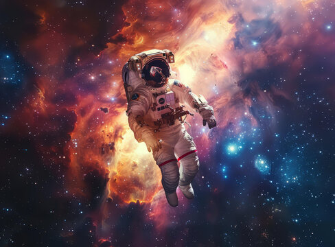 身穿宇航服的宇航員在浩瀚的太空中漂浮