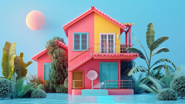五彩繽紛的海灘房屋熱帶風(fēng)情棕櫚樹